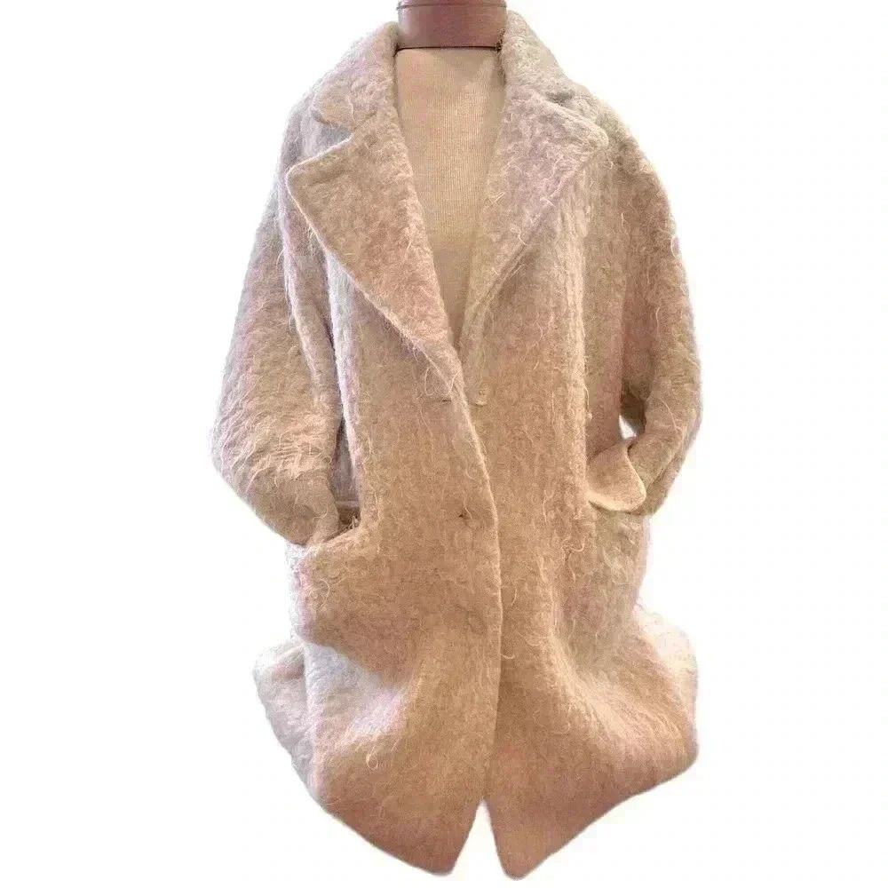 H&M full double breasted full length pale pink wool mix jacket.